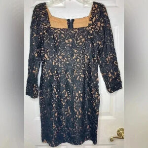 Woman CARMEN MARC VALVO Black Lace Nude Illusion 3/4 Sleeve Dress Sz 8 LBD Party